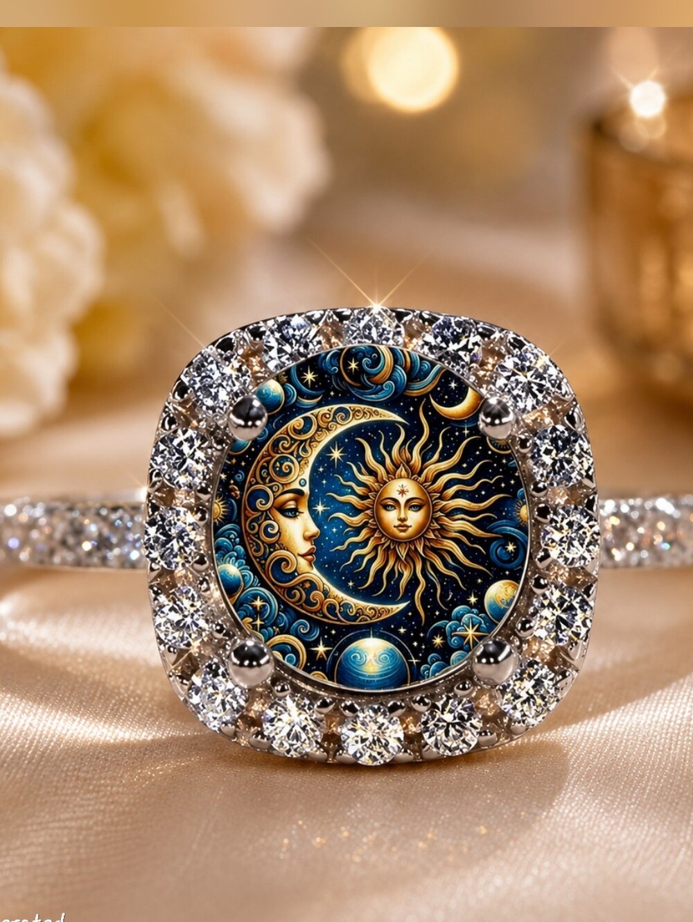 Silver Tone Celestial Moon Sun Design Ring Size 6